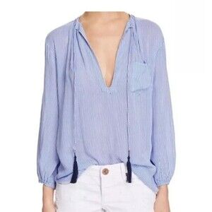 Premise Studio‎ Blouse Women’s White Blue Striped Long Sleeves Rayon Top Large